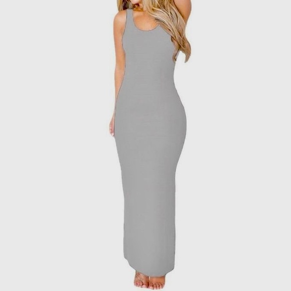 Heather Grey Long Bodycon Fitted Jersey Racerback Tank Maxi Dress S - Picture 3 of 5